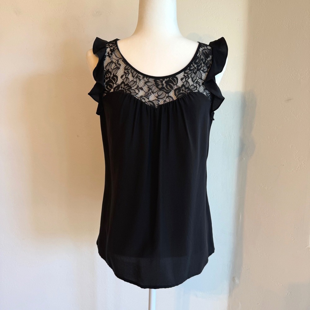 Express 100% Silk Lace Ruffle Blouse Top Black Floral Yoke Romantic Goth Small